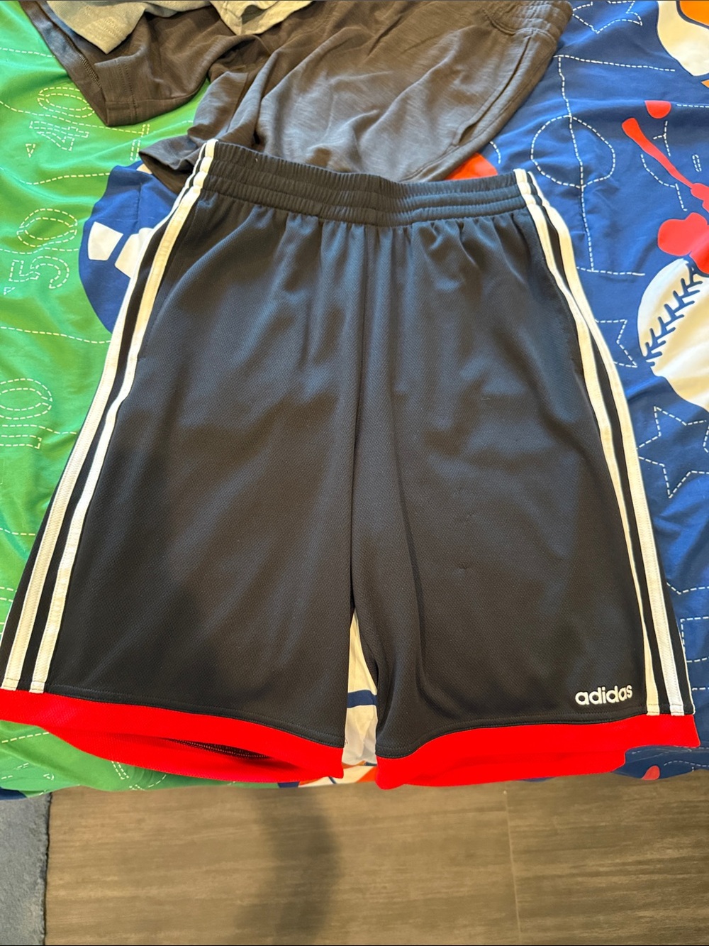 adidas Youth 14/16 Black Athletic Shorts with White Stripes and Red Hem
